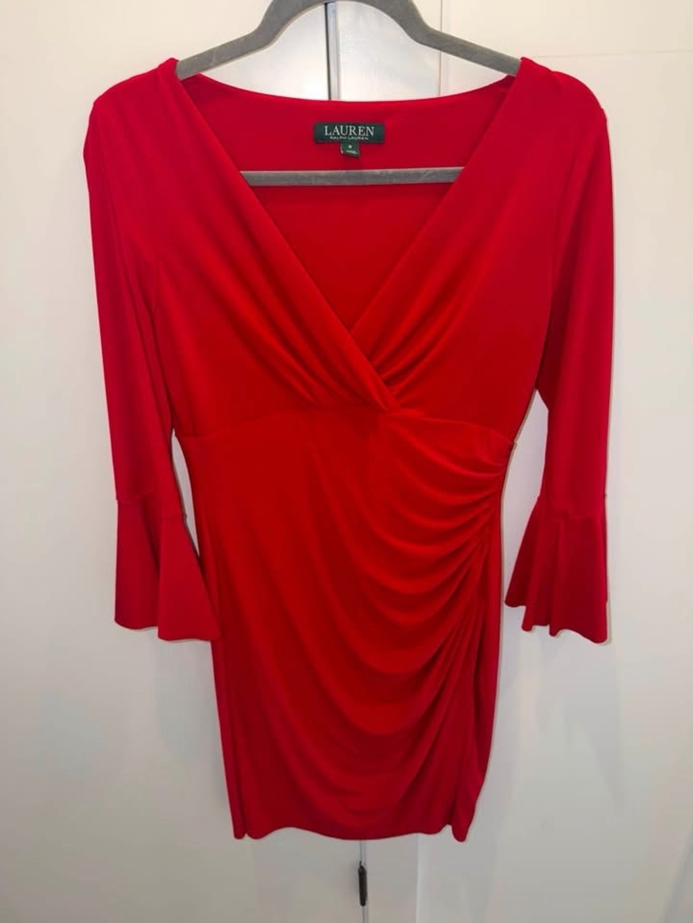 Ralph Lauren Red Faux-Wrap Ruched Long Sleeve Dress